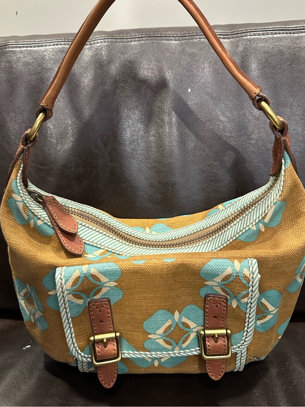Fossil Tate hobo - Canvas Shoulder Bag in Mustard with Teal Floral Print EUC